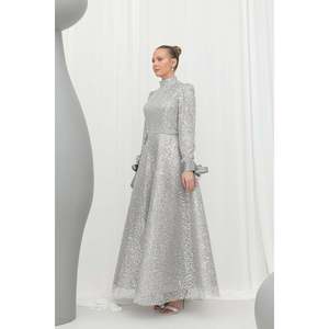 Puane Women's Elegant Long Sleeve Shiny Textured Evening Dress with Waist Belt Detail for Special Occasions, Gray - Product Image 3