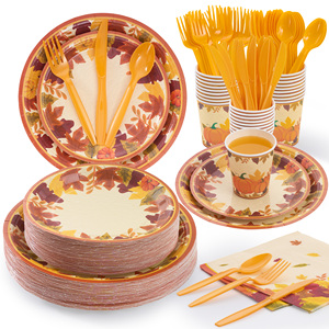 ชุดภาชนะใส่อาหารแบบใช้แล้วทิ้ง PET ลายฟักทองฤดูใบไม้ร่วง 350 ชิ้น เป็นมิตรกับสิ่งแวดล้อม สำหรับแขก 50 ท่าน จาน ถ้วย ผ้าเช็ดปาก สำหรับงานเลี้ยงวันขอบคุณพระเจ้า - Product Image 2