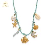 Collier tendance plaqué or en acier inoxydable style plage, personnalisable avec chaîne en corde tressée DIY et pendentif étoile de mer imitation perle
