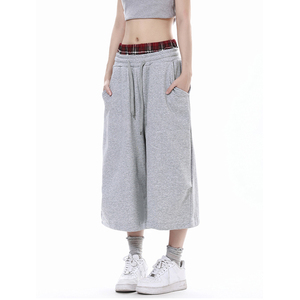 Pantalones cortos atléticos grises con cordón de cintura a cuadros Ajuste cómodo Pantalones de salón de pierna ancha pantalones cortos largos transpirables - Product Image 5