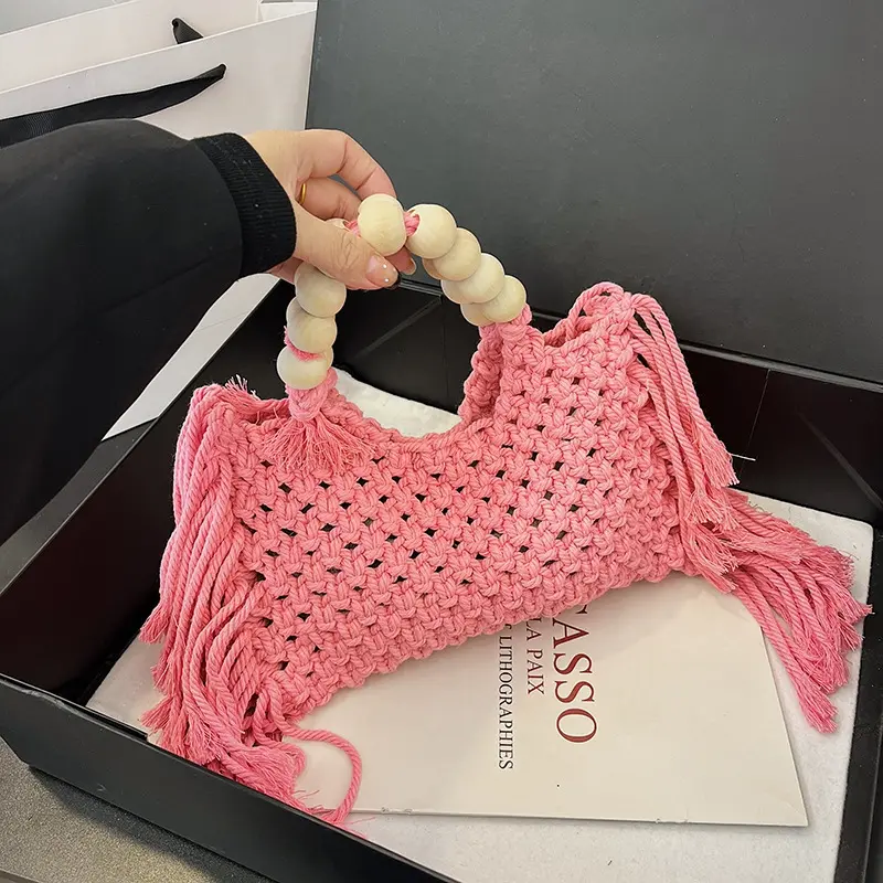 Fabricante China atacado bolsa de ombro com borla para meninas bolsa quadrada para celular macrame crochê bolsa de praia artesanal