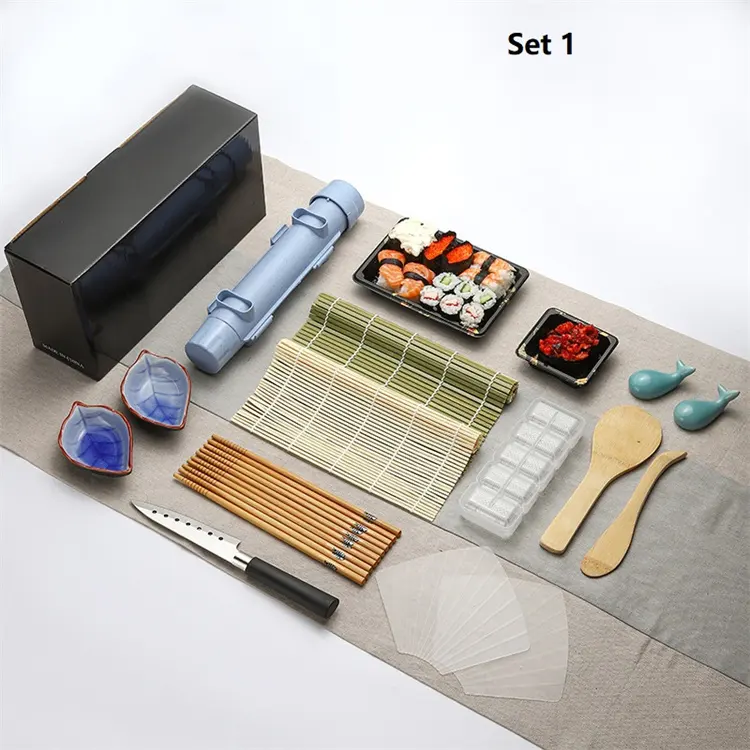 使いやすいDIY自家製15個オールインワン寿司ローラーマットソーサーとバズーカ付属の寿司作りキット