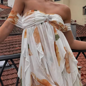 Nouvelle robe en mousseline de soie imprimée, sans bretelles, pour femmes élégantes, style vacances féeriques, robe mini sexy dos nu - Product Image 1
