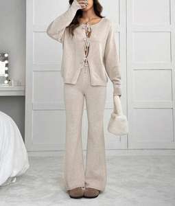 Verano nuevo Simple Retro suelto sin mangas de punto hombro Top pantalones de pierna ancha de punto conjunto de dos piezas para mujer - Product Image 1