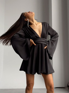 <span class=keywords><strong>Abito</strong></span> Corto da Donna in <span class=keywords><strong>Raso</strong></span> con Scollo a V Profondo, Maniche Lunghe a Campana, Vita Arricciata, Linea ad A, per Cocktail e Serate - Product Image 2
