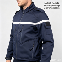 Veste Softshell Tactique de Sécurité Coupe-Vent avec Bandes Réfléchissantes Haute Visibilité et Épaulettes pour Uniforme de Patrouille et de Sécurité Publique