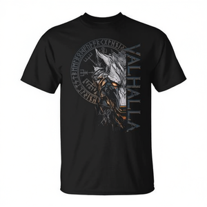 Valhalla Wolf Viking T-Shirt Nordic Runes Odin Compass Design Noir - Product Image 2