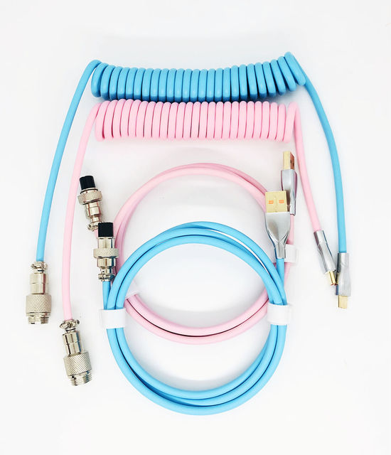 Coiled Cable Blue Pink Aviator Connector USB Type-C for Mechanical Keyboard DIY Coiled Type C USB Cable