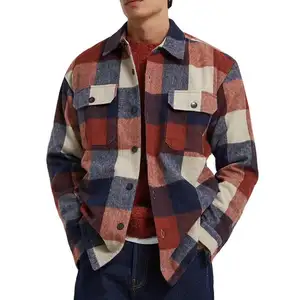 Custom Men's Red Retro Autumn Winter Button Up Long Sleeved Vintage Men Quilted Plaid Big Size Flannel Shirts Jacket