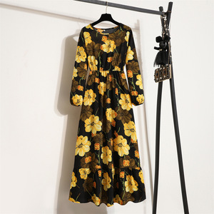 Abito moda stampa floreale primavera donna abito a <span class=keywords><strong>maniche</strong></span> <span class=keywords><strong>lunghe</strong></span> Retro collo rotondo stile coreano abiti lunghi Casual a-line - Product Image 6