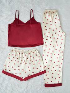 Wholesale Romantic Heart Print Women's Three-Piece Pajama Set <strong>Red</strong> Satin Smooth Loungewear for Summer Spring and Fall - Product Image 5