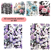 Autocollant UV DTF personnalisé pour carnet A5, motif papillon floral rose aquarelle, lavable, imperméable, transfert PET pour journal et agenda