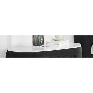 Oval Faux Marble Top Nightstand 2 <b>Drawers</b> Black Tufted <b>Storage</b> Bedside Cabinet - Product Image 3