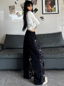 Jeans en denim à <span class=keywords><strong>taille</strong></span> <span class=keywords><strong>haute</strong></span> et jambes larges pour femmes, <span class=keywords><strong>coupe</strong></span> ample avec embellissement papillon en cristal - Product Image 4