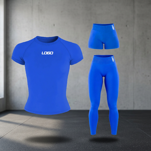 Conjunto de Yoga de 3 Piezas para Mujer, Top Azul de Manga Corta, Pantalones Cortos y Leggings, Cuello Redondo, Cintura Alta, Sin Costuras, Elástico en 4 Direcciones, Ropa Deportiva - Product Image 4