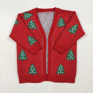 Cardigan en tricot de Noël en gros pour filles, motif sapin et Père Noël vert et rouge, col en V, manches longues, vêtement d'extérieur d'hiver - Product Image 3