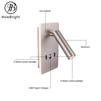 Lampe murale LED minimaliste avec port de charge USB Type-C, double lumière 3W+6W, 350 °   Applique murale rotative en aluminium et fer pour chambre à coucher