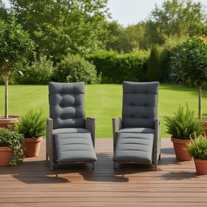 2 sillas reclinables de poliratán gris con reposapiés, muebles de jardín para exteriores, diseño contemporáneo - Product Image 2