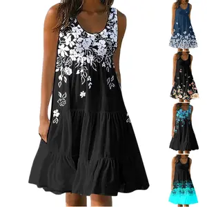 Fashion Print Sling Dresses Women's Summer Street Casual O Neck Pullover Mid-waist Dressy Sleeveless Skirt