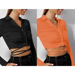 Fashion tops boutique women clothing crop tops for women 220g spinning pit strap long sleeve top