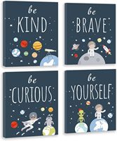 Lot de 4 tableaux muraux pour enfants sur le thème de l'espace : Soyez gentil, soyez courageux, soyez curieux – Impressions sur toile pour la décoration de chambre de garçons et de filles