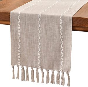 <span class=keywords><strong>Caminos</strong></span> <span class=keywords><strong>de</strong></span> <span class=keywords><strong>Mesa</strong></span> <span class=keywords><strong>de</strong></span> Lujo con Borlas Tejidas, Tela <span class=keywords><strong>de</strong></span> Lino y Algodón, Estilo Rústico, Ganchillo Romántico, Colores Mixtos, Bordados - Product Image 1