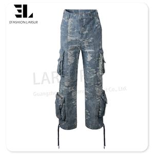 LARSUR Jeans cargo droits en denim personnalisés délavés en usine Jeans jacquard déchiquetés pour hommes Pantalon cargo en <span class=keywords><strong>tapisserie</strong></span> - Product Image 4
