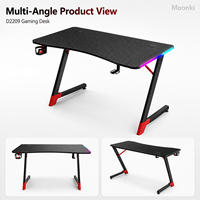 Bureau de jeu réglable en hauteur avec cadre en acier D2208, éclairage latéral RGB, porte-gobelet, crochet pour casque, surface en MDF, noir, rouge, blanc
