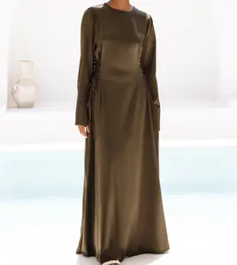 Custom Long Sleeve Islamic Plain Robe Abaya Muslim Elegant Belts Satin Solid Color Kimono Abaya Dubai