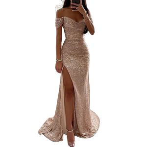 Robe longue décontractée en laine peignée, à sequins, col ras du cou, fendue, taille naturelle, unie, pour soirée – Grande Vente - Product Image 1