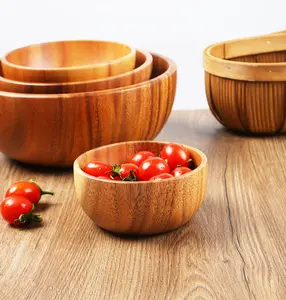 Handmade Hardwood Solid Apptizer Soup Fruit Salad Custom Logo Round Acacia Wood Bowl For Dinnerware