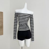 Koreanische Spitze Schwarz-Weiß Gestreifter Off-Shoulder Tweed Strickjacke Damen Herbst Slim-Fit