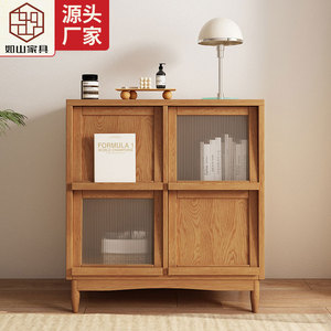 Japanese Style Solid Wood <b>Sideboard</b> With Glass Doors Teak Color Storage Cabinet For Kitchen Modern Minimalist Design - Product Image 1