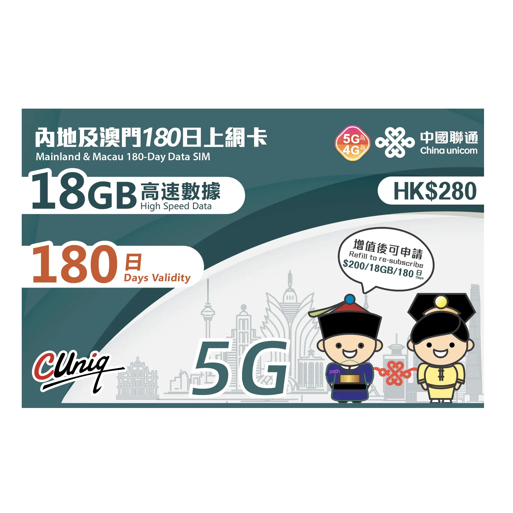 Grosir Cina 4G kartu Sim prabayar Unicom daratan dan Makau 180 hari 18GB Data Sim
