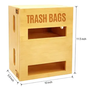 Dispensador de bolsas de basura 2 en 1, soporte para rollos, organizador de almacenamiento de bolsas de basura de cocina de madera de bambú para gabinete