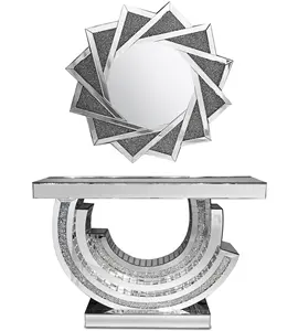 hot sale mirrored furniture mirrored console table with wall mirror with crushed diamonds for living room 2022