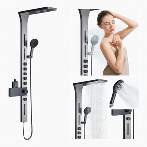 Panel de Ducha de Acero Inoxidable Negro con Chorro de Lluvia y Masaje, Sistema de Grifería de Baño de 2 Orificios Montado en la Pared - Product Image 1
