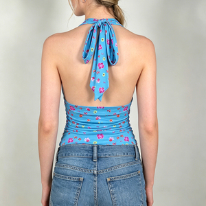 Beach Holiday Floral Print Ruched V Neck Bustier Halter <b>Tie</b> <b>Back</b> Top Hot Girl Sexy Beach Versatile Open <b>Back</b> Sleeveless Top - Product Image 6