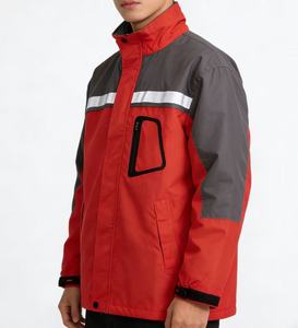 Men's Red Gray Color Block Windbreaker Jacket, Waterproof Reflective Outdoor Hiking Coat with Pockets, OEM/ODM Custom Available