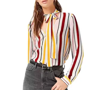 KY Striped allover multicolored stripe pattern, long buttoned sleeves V-neckline self-tie Bow latest tunic tops designs girls