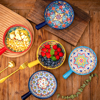 Bol en céramique bohème avec poignée, bol à salade de fruits créatif pour la maison avec poignée, bol cuit au four pour éviter les brûlures