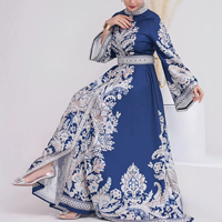 Abaya vintage à imprimé floral pour adultes avec ceinture assortie, robe longue décontractée à col montant et manches évasées pour femmes musulmanes