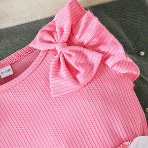2025 nuova estate abbigliamento per bambine maglietta a manica corta tinta unita con stampa floreale pantaloncini con fiocco 2 pezzi vestiti per bambini - Product Image 5