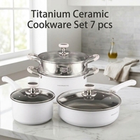 7-teiliges Titan-Keramik-Kochgeschirr-Set Weiß Antihaft-Kochtopf Dampfgarer-Einsatz Saucenpfanne Bratpfanne Glasdeckel Ergonomischer Griff