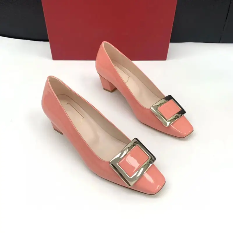 Mode simple bloc talons en cuir rose femmes chaussures dames noir haut talon nouveaux styles chaussures pour femmes