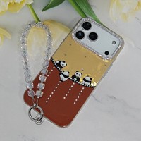 Coque de téléphone portable en TPU+PC avec bracelet pour iPhone 11 12 13 14 15 16 17 Pro Max, housses de téléphone antichoc pour Samsung Panda Diamonds