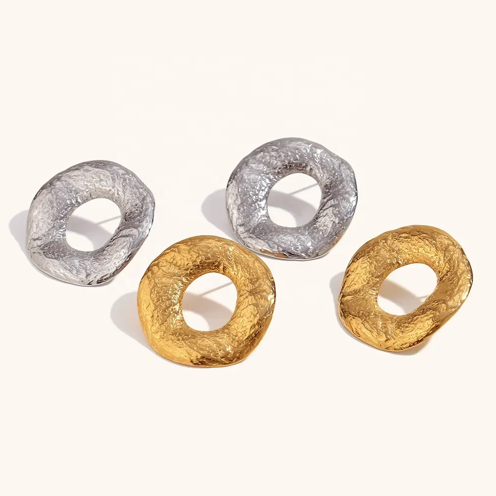 Dingran Unique Design Donut Stud Earrings PVD Gold Plated Stainless Steel Hammered Earrings For Women