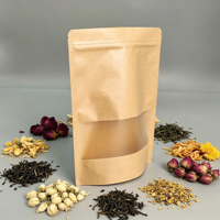 Sachet Doypack en papier Kraft avec fenêtre transparente et fermeture éclair refermable pour emballage de thé en vrac (thé vert, thé noir, thé aux herbes)
