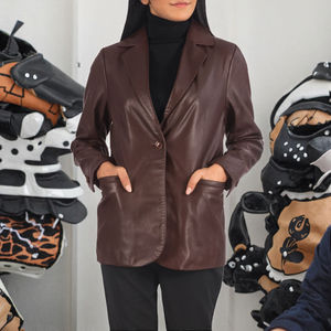 2023 Autumn Elegant Slim Women's Genuine <b>Sheep</b> <b>Skin</b> Solid <b>Jacket</b> Single Breasted Flap Pockets Stand Collar Zipper Closure Woven - Product Image 3