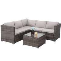 Ensemble de canapés d'extérieur en rotin PE en forme de L, mobilier de patio en osier avec table basse en verre et coussins